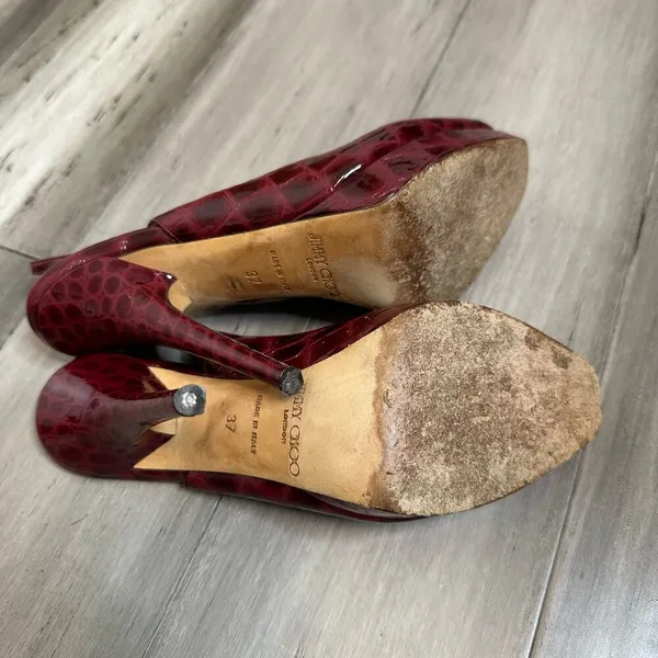 Jimmy Choo Patent Snake Embossed Peep Toe Heels Women's Sling Back Red Size 37 - Image 6
