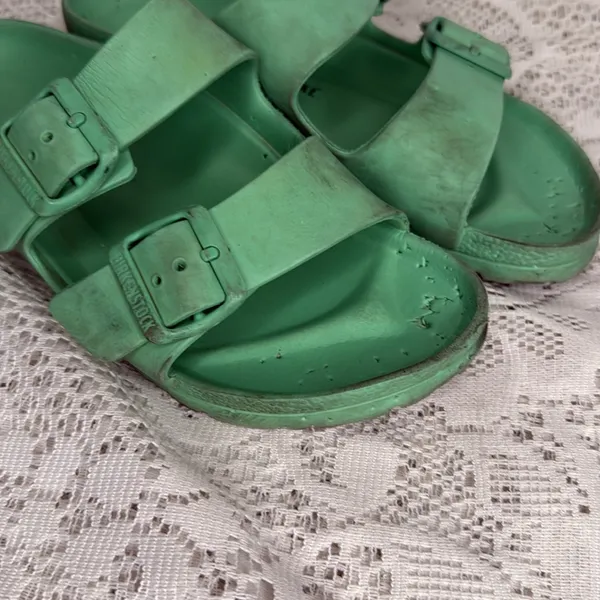 Birkenstock green rubber two strap slip on sandals sz 7 (37) - Image 2