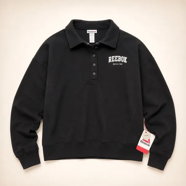 Reebok‎ Sports Club Womens Black Quarter Snap Polo Sweatshirt Size L NWT - Image 4