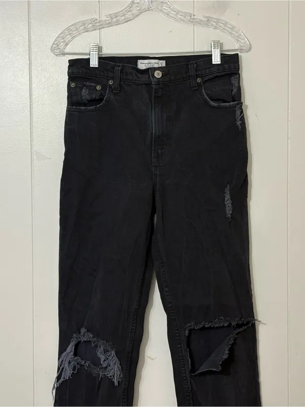 Abercrombie & Fitch 90s Straight Jeans Black Ultra High Rise Distressed Size 27 - Image 6