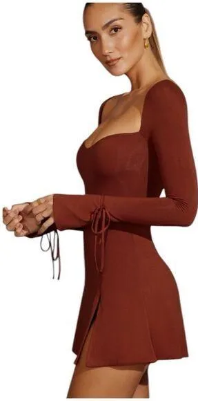OH POLLY AMRYN Long Sleeve A-Line Mini Dress in Brick Sexy Inner Bodysuit Sz 2 - Image 2