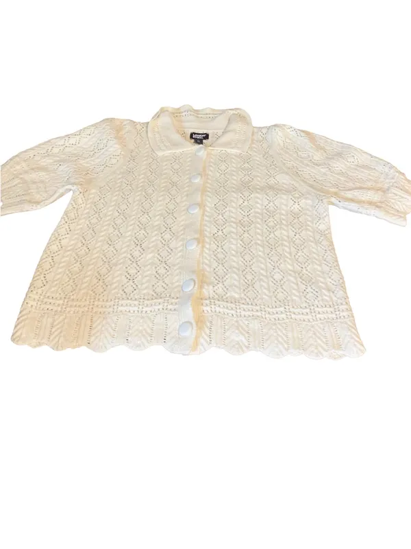Lands' End Pointelle Knit Cotton Blend White Puffed Sleeve Cardigan (Xl) - Image 8