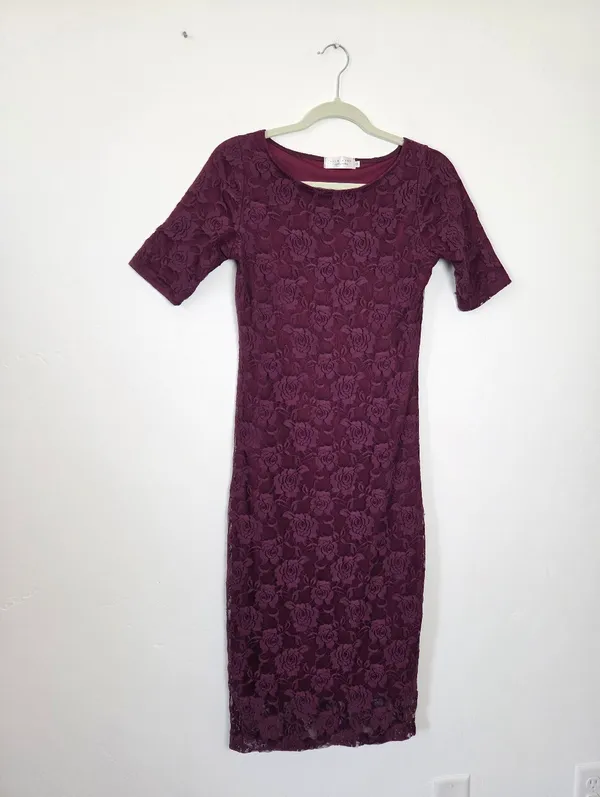 Sign Here Purple Floral Lace Midi Dress Formal Church Office Workwear Small - Image 5