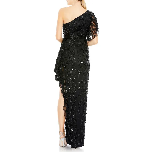 NEW Mac Duggal Sz 4 One Shoulder Flower Sequin Embellished‎ Gown in Black - Image 16