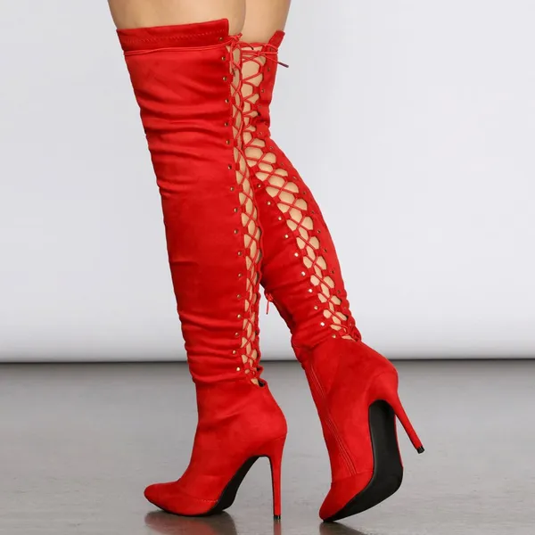Forever Link New Red Stretchy Over The Knee Thigh High Boot Gold Studded Stiletto High Heel - Image 5