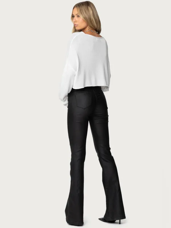 Edikted Faux Black Leather Flare Pants - Image 4