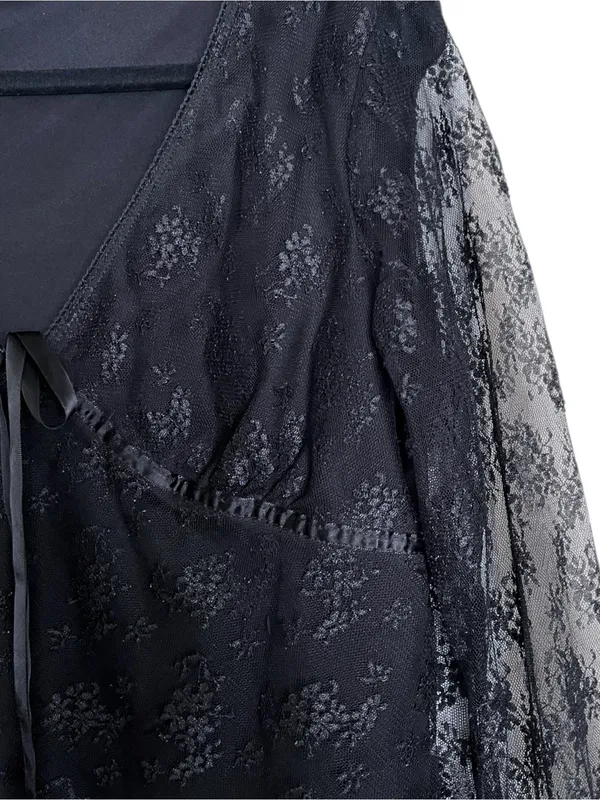 Vintage Black Lace V-Neck Tie Front Blouse - Image 4
