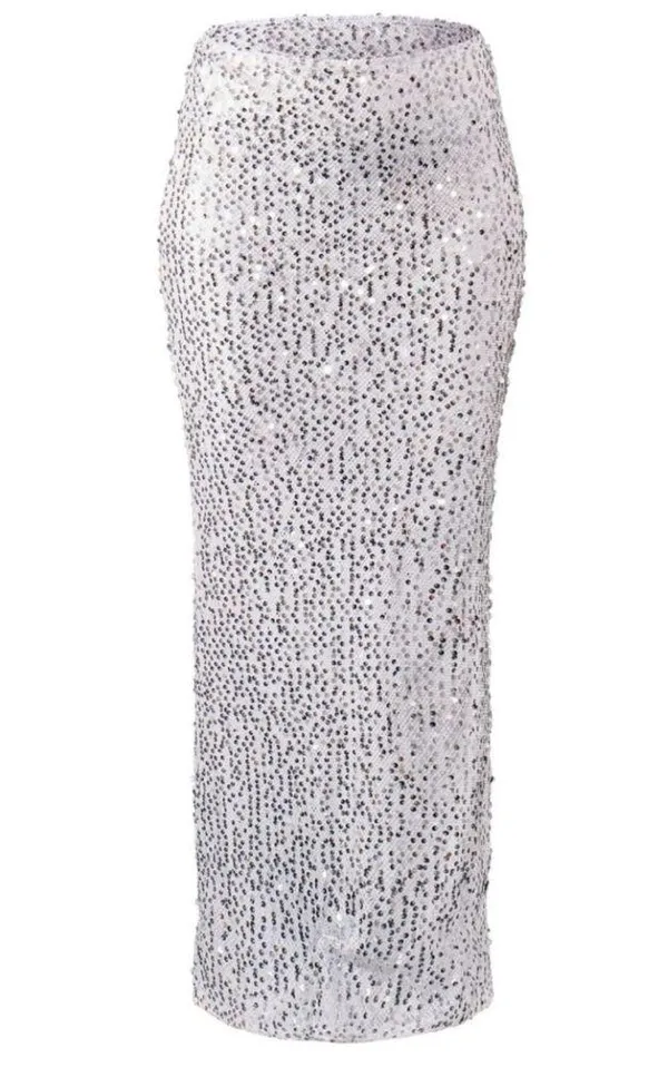 Pretty Little Thing NWT Silver Sequin Embellished Low Rise Drapey Maxi Skirt 6 - Image 8