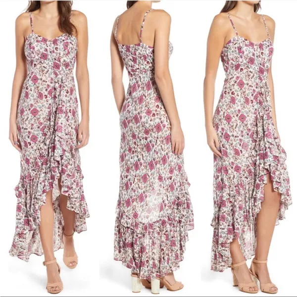 Anthropologie RAGA Summer Bloom Pink Red Cream Floral Ruffle High-Low Dress XS - Image 2