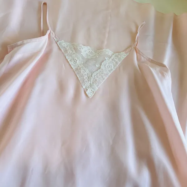 Vintage 1970s Handmade Pale Pink Lace Trim Silky Slip Lingerie Dress - XS - Image 10