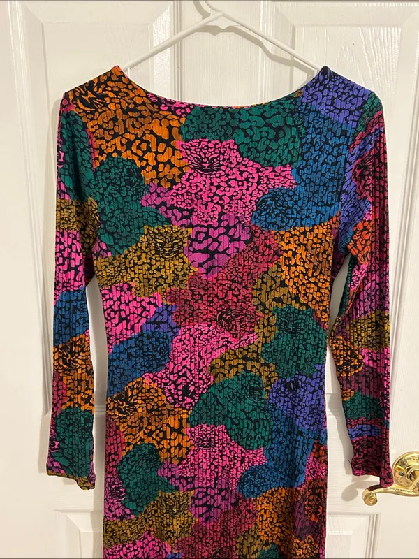 Farm Rio Rainbow Mix Jersey Dress Ribbed Knit Long Sleeve Midi New Size Medium - Image 8