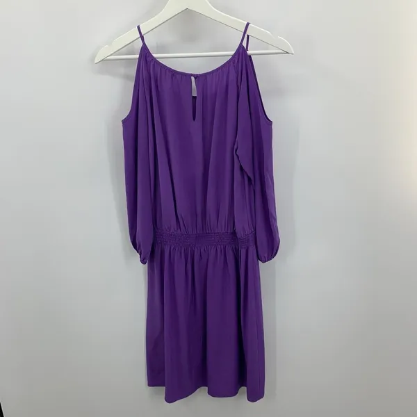 White House Black Market XS Mini Dress Silk‎ Cold Shoulder Smocked Purple - Image 10