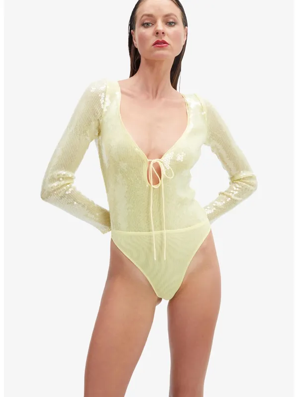 Bardot Verona Sequin Bodysuit In Canary Yellow - Image 6