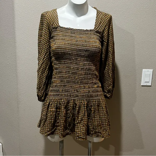 Urban Outfitters plaid smocked long sleeve mini dress - Image 9