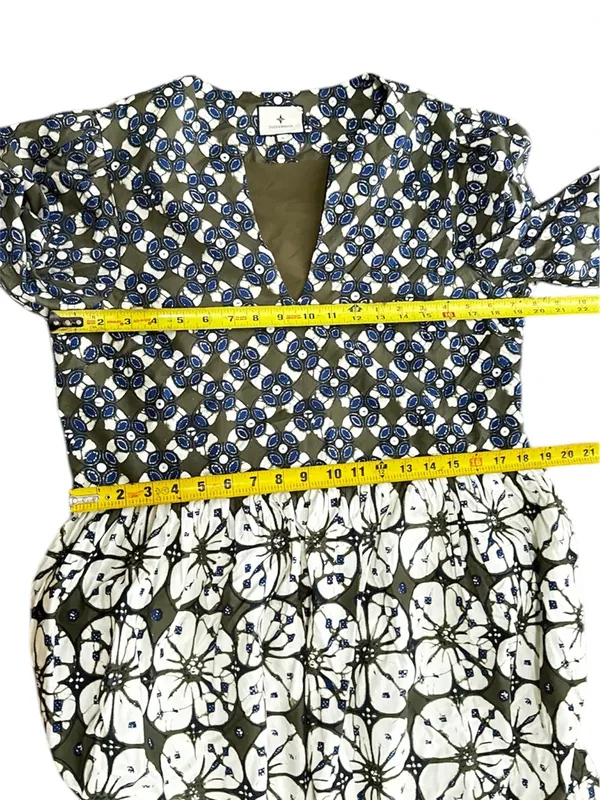 Tuckernuck 100%Cotton Boho Olive & Blue Floral Print Pleated Dress Size Large - Image 13