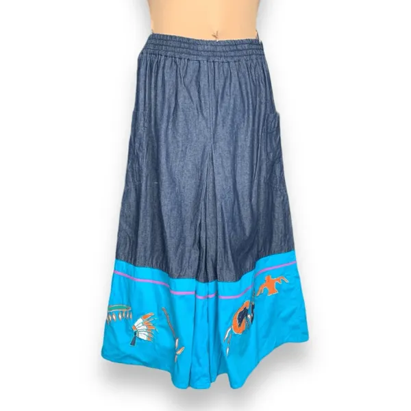Vintage 90s Southwestern Appliqué Denim Button‎ Up Shirt Gaucho Pants Set Medium - Image 10
