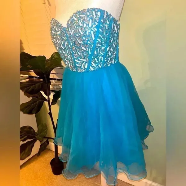 NWT Narianna Corset Back Blue Strapless Tulle Babydoll Dress - Image 2