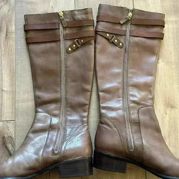 Franco Sarto Coraline Riding Boots Tan Brown Leather Knee High Zip Women’s Sz 9 - Image 6