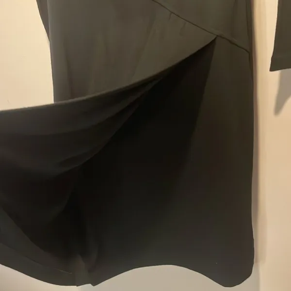 Talbots- Black Wool Blend Long Sleeve Side Ruched Faux Wrap Midi Dress- Size XS - Image 6