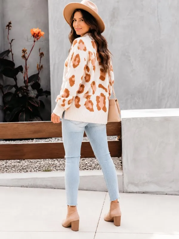 Leopard Print Knit Sweater Lantern Sleeve Pullover Cream Brown NWT Orange Size M - Image 2