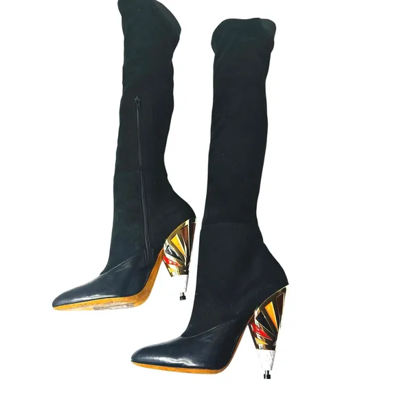 Givenchy Black Leather Suede Over Knee OTK Boots Printed Heel EU 38.5 - Image 9
