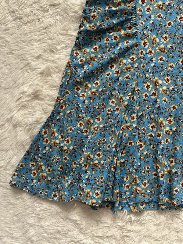 Free People Sweet Talker Mini Dress Short Sleeve V-neck Floral Blue Sz S - Image 6