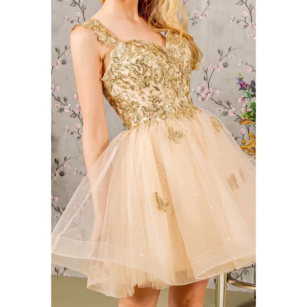 Fiesta Fashion Gold Butterfly Appliqué Sequined Corseted Fit & Flare Party Dress - Image 3