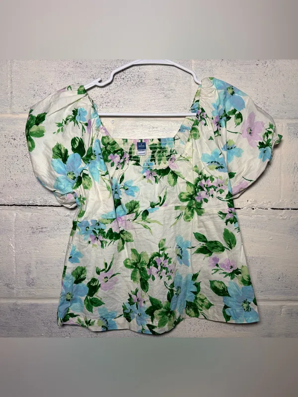 Old Navy White Floral Puff-Sleeve Square Neck Top - Blue & Green - Image 3