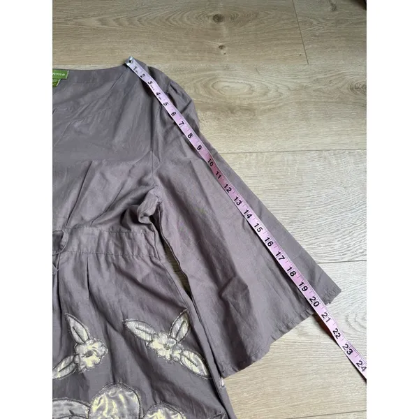 Vintage Femme tunic drawstring waist cotton embroidered flowers brown size L - Image 9