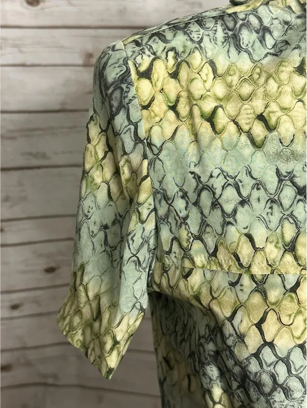 Vintage 100% silk reptile print midi dress Size 16 yellow green button up safari - Image 4