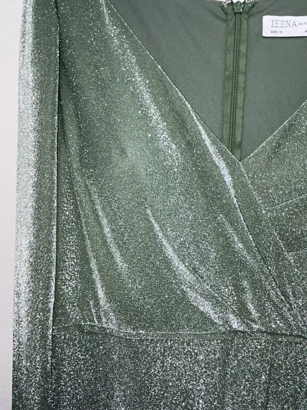 IEENA for Mac Duggal Faux Wrap Gown Maxi Dress Sz 12 Jade Green Metallic stretch - Image 17