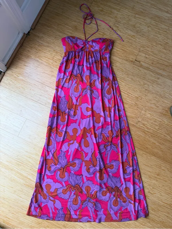 Tibi Iris Ikat Floral Padded Halter Maxi Dress Pink XS - Image 2