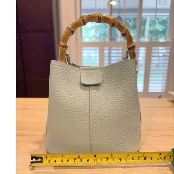 Pretty Persuasions Bamboo Handle Pebble Leather Bucket‎ Sage Green Crossbody NwT - Image 3