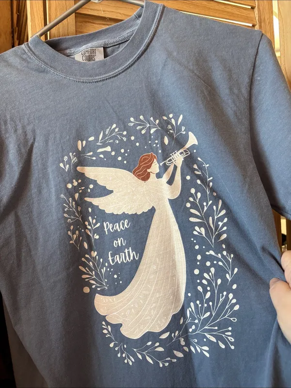 Comfort Colors Blue Graphic Tee with White Angel Trumpet Design Small - Image 2