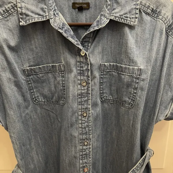 Talbots Denim Shirt Dress Cotton Size 4 Short Sleeve Belted Preppy‎ Minimalist - Image 6