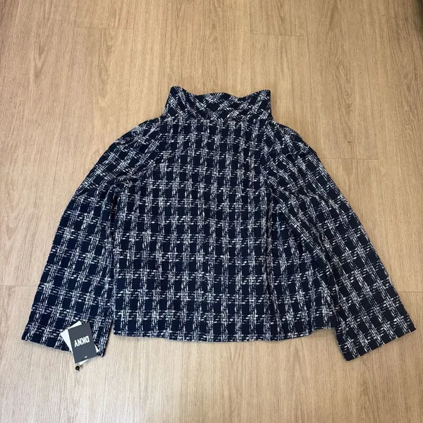 DKNY Art Basel Navy White Plaid Tweed Funnel Neck Jacket womens M - Image 2