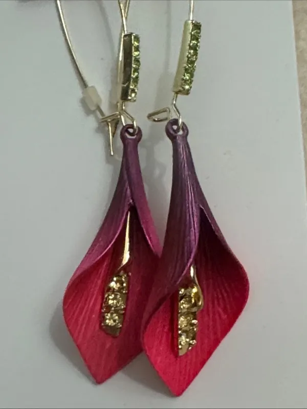 BETSEY JOHNSON CALLA LILY Pink Enamel Leaf Ring with Crystal Accents Sz 7 1/2 - Image 9