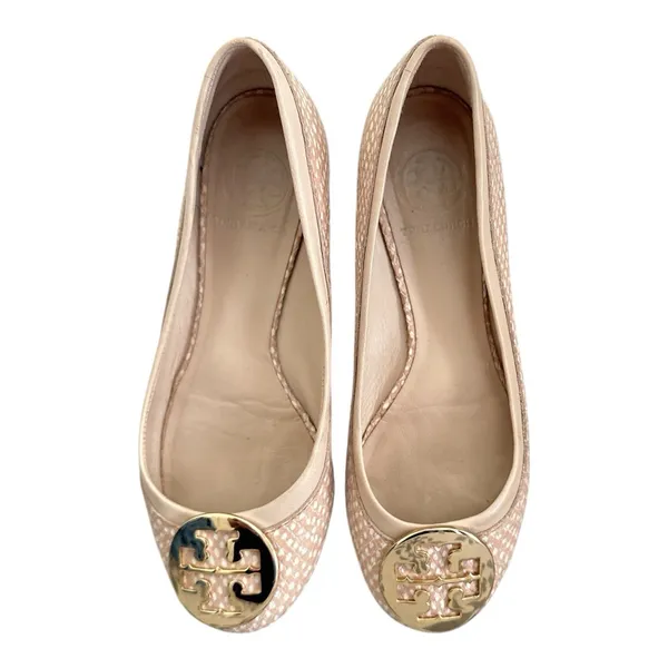 Tory Burch Reva Size 37 Beige Snake Print Leather Ballet Flats - Image 2
