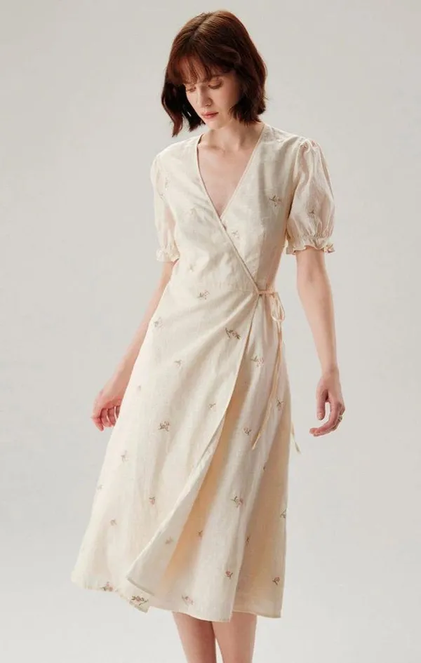 Rihoas Beige Embroidery Puffed Sleeve Wrap Midi Dress - Image 4