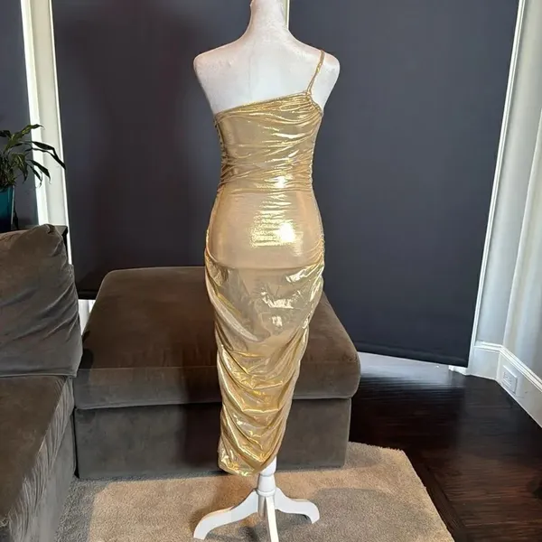 Women’s Gold Bodycon One Shoulder Lightweight Party Cocktail Prom Dress Size S - Image 4