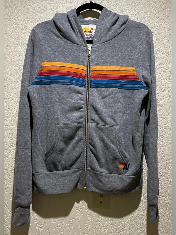 Aviator Nation 5 Stripe Full Zipper Hoodie Heather Grey Size XS Unisex New - Image 4