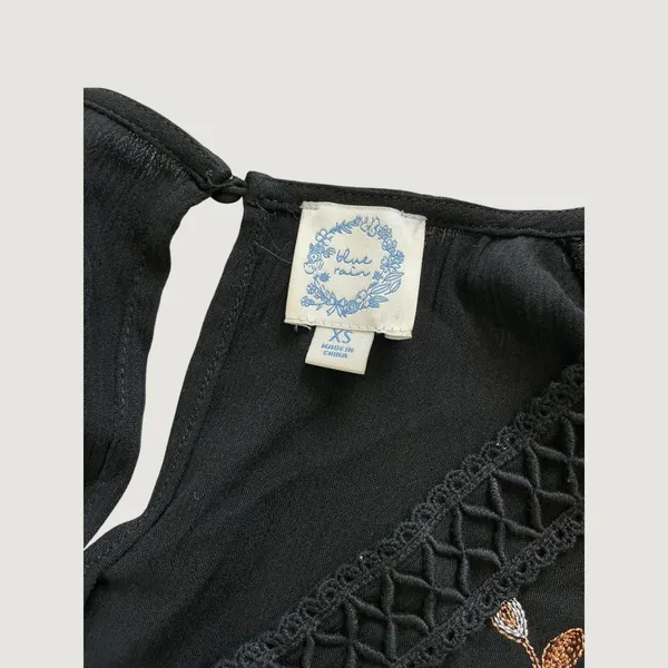 Blue Rain Black Floral Embroidered‎ Boho Tiered Mini Dress XS WS50897 - Image 6