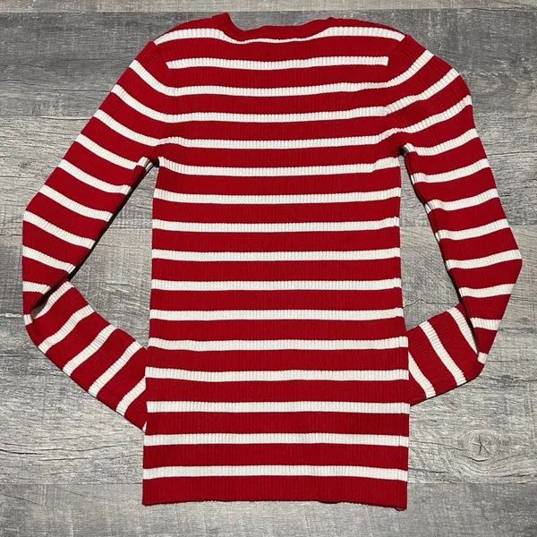 Red White Stripe Sweater Womens XS Ribbed Fitted Pearl Button Sleeve - Image 5