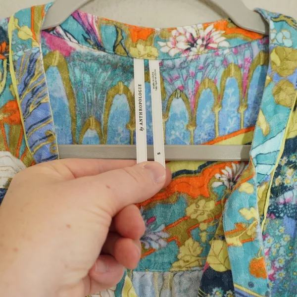 Anthropologie Boho Floral Cropped Shirt Blouse Multi Color Tie Neck Size Small - Image 4