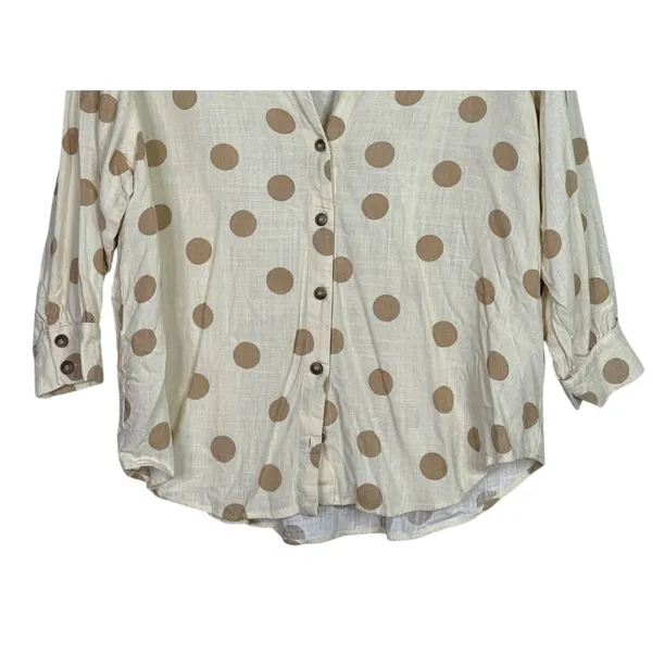 Zara Button Up Shirt Textured Polka Dot Collared Long Sleeve Small Ivory Beige - Image 4