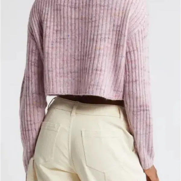 BP. Pink Ribbed Knit Crop Space Dye V Neck Cardigan - Image 3