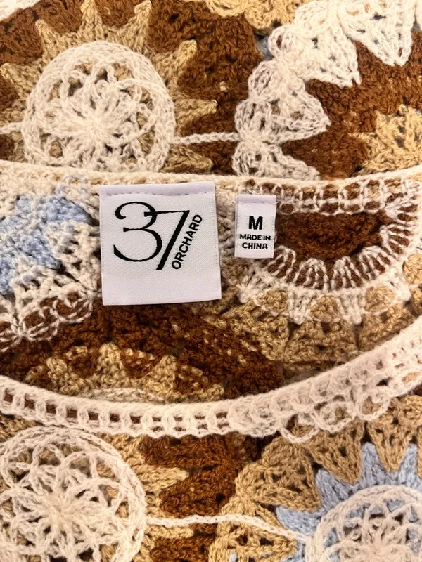37 Orchard Crochet Brown Blue Cream‎ Knit Boho Short Sleeve Shirt Size Medium - Image 3
