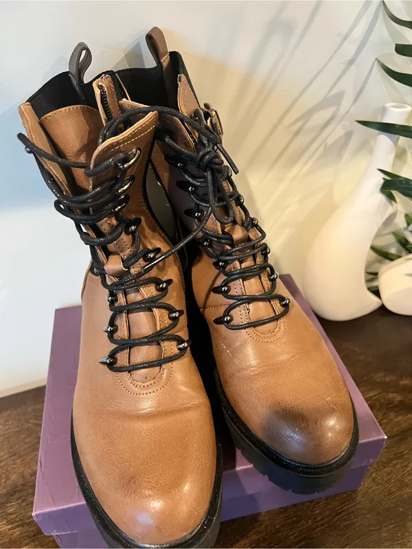 Women's Tan Lace-Up Combat Boots with Buckle Detail - Image 4