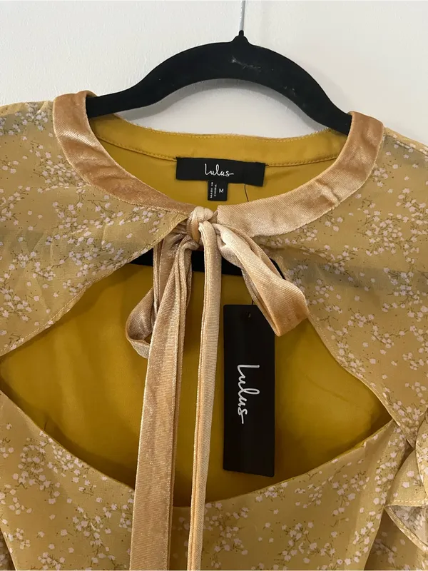 NWT Lulus Mustard Yellow Floral Ruffle Mini Dress Medium Cottagecore Romantic - Image 2