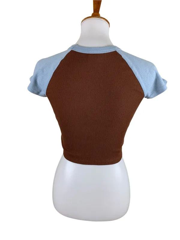 Tna Brown Blue Colorblock Ribbed Baby Tee Crop Top Y2K 90s Minimalist S - Image 3
